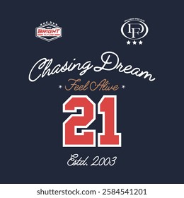 retro varsity athletic design with slogan and numbers