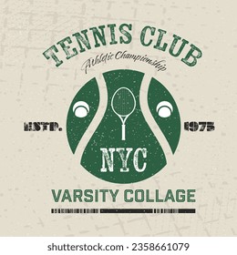 Retro varsity tennis logos prints. University slogan typography design. Vector illustration for fashion tee, t-shirt and poster