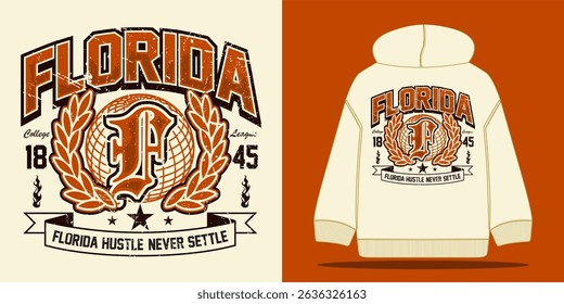 Retro varsity typography vintage college athletics florida slogan print in grunge style for graphic tee, t-shirt, sweatshirt, or hoodie — vector illustration