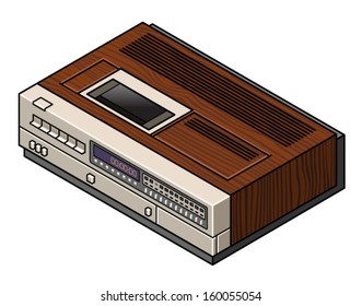 A retro VCR (video cassette recorder) with a woodgrain finish.