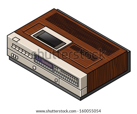 A retro VCR (video cassette recorder) with a woodgrain finish.