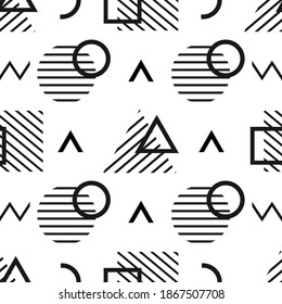 Retro vector abstract seamless pattern in geometric style. Black color with vector geometric figures.Vector form a triangle, a line, a circle. Hipster vector fashion Memphis style seamless pattern.