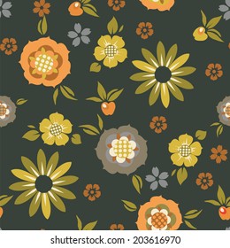 Retro vector apple and flower seamless pattern.