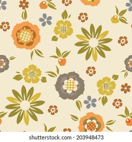Retro vector apple and flower seamless pattern.