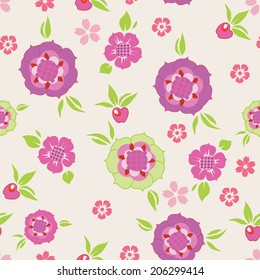 Retro vector apple and flower seamless pattern.