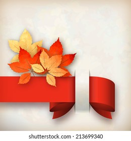 Retro vector autumn fall leaves and red ribbon. Artistic abstract background