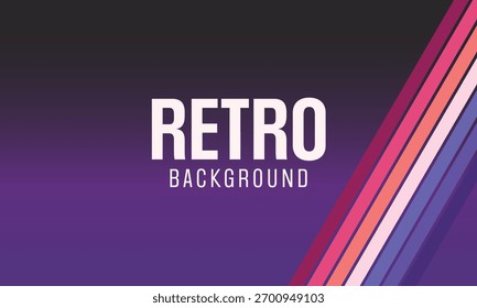 Fondo de Vector retro con rayas de colores diagonales en tonos púrpura, rosa y naranja sobre fondo degradado oscuro para Diseño gráfico vintage y Plantilla de póster