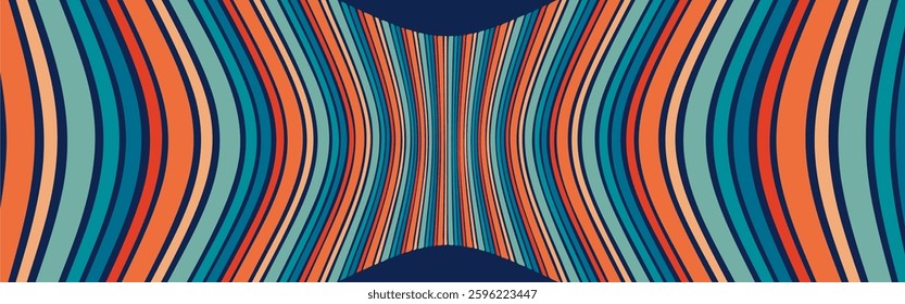 A retro vector background featuring wavy, curving lines in warm and cool tones like orange, teal, navy blue, and beige, creating a symmetrical, dynamic visual pattern.