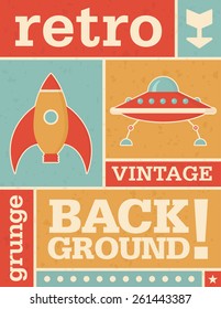 Retro Vector Background Image with grid pattern and grunge texture. Includes space age illustrations and icons.