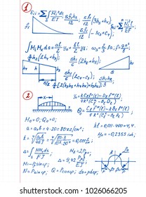 Retro vector background with physics formulas, equations outlines on notebook page. College notation. Educational and scientific vintage background.