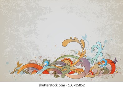 Retro vector background with waves, floral ornament and butterflies