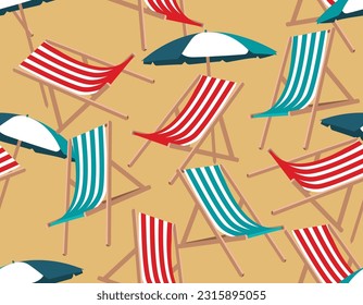 Retro Vector beach seamless pattern. Colorful Lounge chair Travel background with Striped ,Seamless pattern Vector,Design for fashion , fabric, textile, wallpaper , wrapping and all prints 