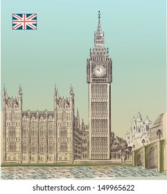 Retro vector Big Ben. Engraving