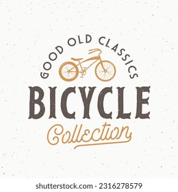Plantilla de logotipo de la etiqueta de la bicicleta de vectores retro. Ilustración de estilo vintage de la bicicleta de helicóptero con tipografía y textura de Shabby. Aislado