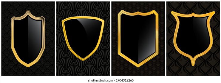 Retro Vektorillustration Schwarz-Gold-Sicherheitsschild-Logo-Design-Kollektion - Set von Schutz- und Sicherheitszeichen, Schild-Symbol, Premium-Qualitätslabel.