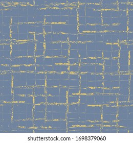 Retro vector broken grid seamless pattern background. Painterly brush scratch grunge style weave backdrop. Monochrome blue gold mid century repeat. Geometric all over print for packaging stationery
