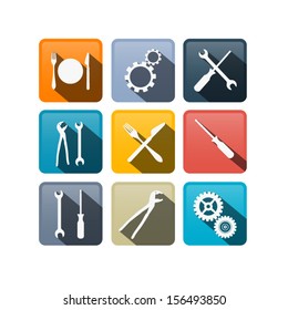 Retro Vector Buttons: Cogs, Gears, Screwdriver, Pincers, Spanner, Hand Wrench Tools, Knife, Fork