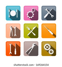 Retro Vector Buttons: Cogs, Gears, Screwdriver, Pincers, Spanner, Hand Wrench Tools, Knife, Fork 