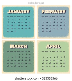 Retro vector calendar 2017. Week starts Sunday. January, February, March, April