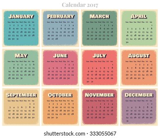 Retro vector calendar 2017. Week starts Sunday