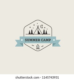 Retro vector camp label and logo. Summer camping outdoor, adventure and explorer. Hipster camping logo element for emblem, outdoor activity vintage symbol.