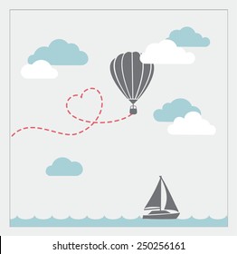 Retro vector card with aerostat flying in the clouds and sailboat  