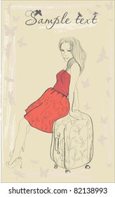 Retro vector card with beautiful lady sitting on the suitcase