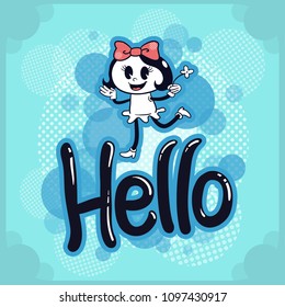 Retro Vector card with bubble text and retro girl character with flower
