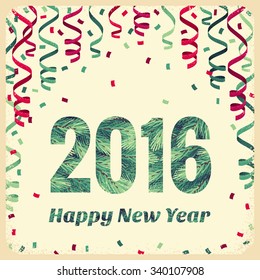 Retro vector card with fir branches 2016 New Year, paper streamers and confetti. Design for invitation, poster, flyer