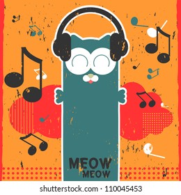 Retro vector card with kitty listening to music in headphones