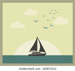 Retro vector card with sailboat against sunset. Holiday lifestyle landscape with sea skyline