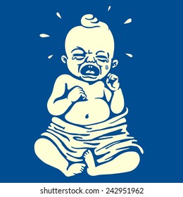 retro vector cartoon crying baby clipart illustration, unhappy moody child screaming and weeping, tantrum