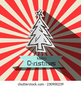 Retro Vector Christmas Card witt Paper Cut Tree