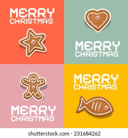 Retro Vector Christmas Heart, Fish, Star and Gingerbread Man Illustration