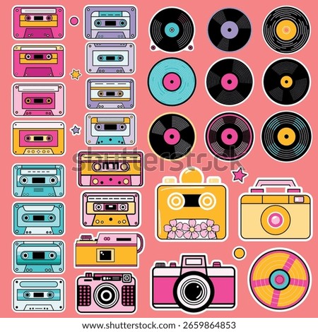 Retro vector clipart set with colorful cassette tapes, vinyl records, cameras, and CD in vibrant pink, yellow, and teal. Perfect for nostalgic designs, stickers, and music-themed art.	