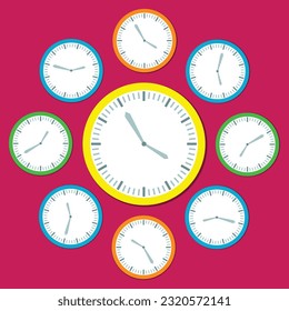 Retro Vector Clocks in yellow blue an orange Showing diffrent hours