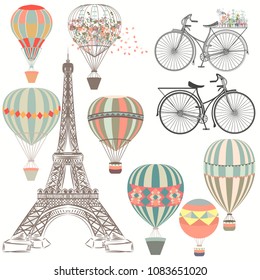 Retro vector collection of air balloons, bicycles and Eiffel tower