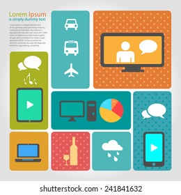 Retro Vector collection of modern, simple, flat and trendy business and office icons with long shadow.