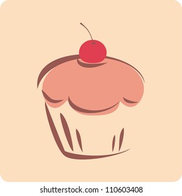Retro vector cupcake silhouette with red cherry on background. I love sweets! Bakery sign, logo, button, symbol or other design elements.