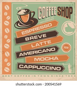 Retro vector design concept for coffee shop. Cafe bar vintage ad template concept for printing material or restaurant interior wall decoration.