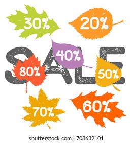 Retro vector discount sale on colored hand drawn leaves set isolated on white background. Sale discount concept
