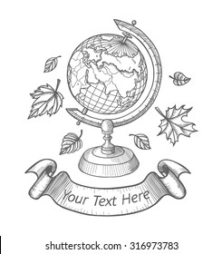 Retro vector doodle world globe stand  Autumn doodle icons set  school doodle logo  Sketch globe  autumn leaves   ribbon for your text  Vector illustration isolated white background