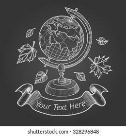 Retro vector doodle of a world globe stand. Autumn doodle icons set, school doodle logo, Sketch globe, autumn leaves and ribbon for your text. Vector illustration isolated on Chalkboard background