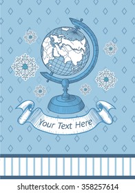 Retro vector doodle of a world globe stand. Winter school doodle logo. Globe with snowflakes and ribbon for your text. Vector illustration isolated on blue background. Cover on the notebook.