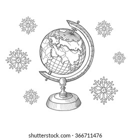 Retro vector doodle of a world globe stand. Sketch globe and snowflakes. Vector illustration isolated on white background. Illustration for school. Coloring book.