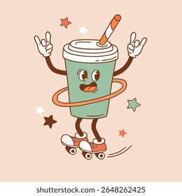 Caractere de bebida vetorial retrô. Design bonito de junk food. Esporte desenhado à mão e ilustração do jogo. Perfeito para adesivo, logotipo da camisa de T, cartão de saudação, cartaz ou design de impressão de berçário. Arquivo de vetor EPS 10.
