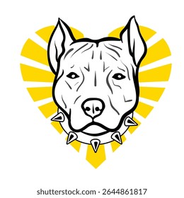 Retro vector emblem: Black and white AmStaff or Pitbull head with spiked collar on a yellow vintage sunburst heart background Warm rays frame the dog. Ideal retro design for apparel, stickers or clubs