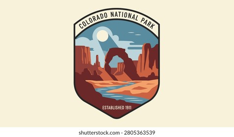 A retro vector emblem design featuring Colorado National Park with a desert arch landscape and sun.