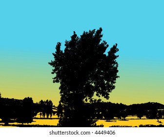 retro vector farm view with trees and cows
