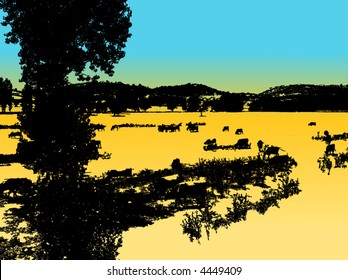 retro vector farm view with trees and cows